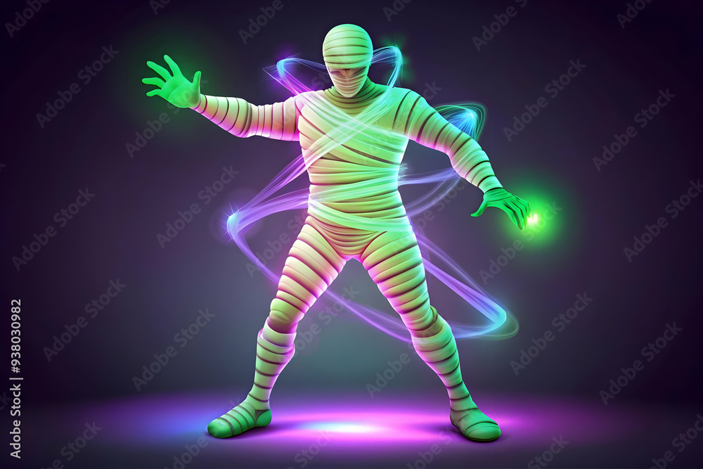 Flat Glowing Abstract Mummy Unwrapping concept as A vibrant glowing abstract digital art of a mummy unwrapping with swirling glowing bandages. The scene is ideal for Halloween ads promoting mummy them