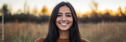 Happy Woman Smiling Outdoors at Sunset - A young woman with long black hair smiles warmly at the camera. She is standing in a field of tall grass with a blurred background of trees and a sunset. This 