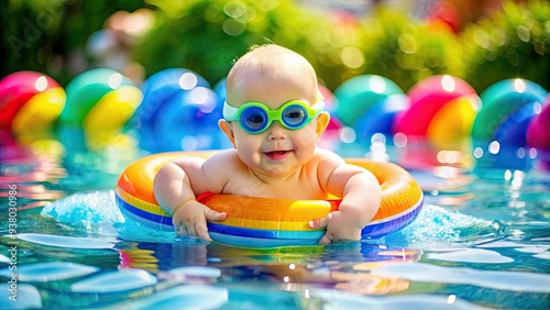 Adorable infant wears tiny goggles and swims in a bright blue pool, surrounded by colorful pool toys, on a sunny summer day. photo