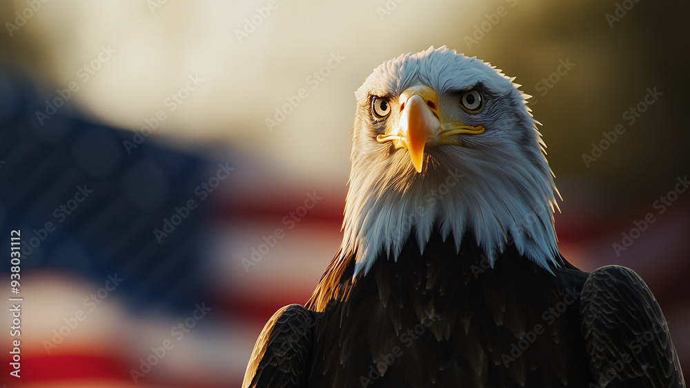 Naklejka premium Majestic Eagle with Blurred Stars and Stripes