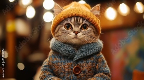 A fat cat wearing a winter coat, jeans, and sneakers looks funny and cute. Walking and standing looking for something