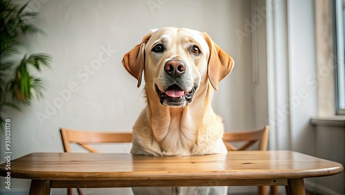 Adorable labrador retriever dog sitting on a table, looking up at the camera with a charming expression, as if sharing a secret or having a conversation. photo