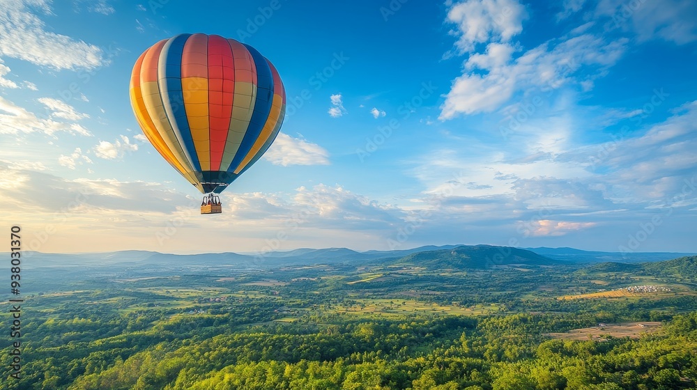 Fototapeta premium Hot Air Balloon Soaring Over Lush Green Landscape - A vibrant hot air balloon floats gracefully against a backdrop of a vast, verdant landscape. The sky is a canvas of fluffy white clouds, symbolizing
