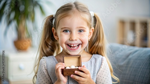 Adorable little girl proudly displays her first lost tooth, beaming with excitement and holding a tiny tooth box, surrounded by childhood innocence and joy. photo