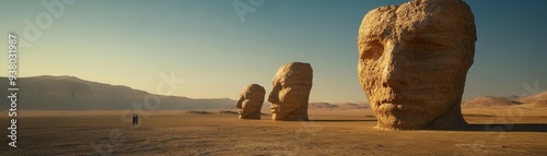 Surreal Desert Landscape with Giant Stone Faces Under Clear Sky at Sunset