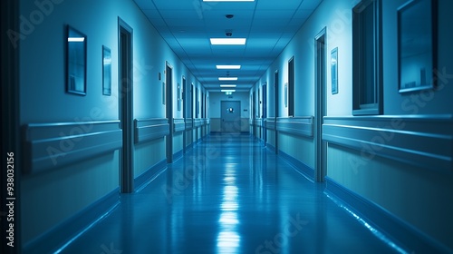 An empty hospital hallway at night, dimly lit, evoking a sense of loneliness and quiet reflection, with soft shadows and cool tones, Cinematic