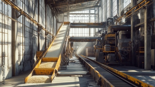 Industrial Conveyor Belt System in a Large Factory - An industrial conveyor belt system is shown moving through a large factory, with the sun shining through the windows, symbolizing production, effic