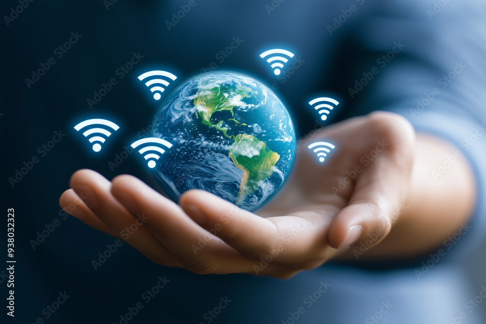A hand holding the Earth, with multiple wifi signal icons floating around the Earth, against a dark background A hand holding the Earth, with multiple wifi signal icons floating around the Earth, against a dark background