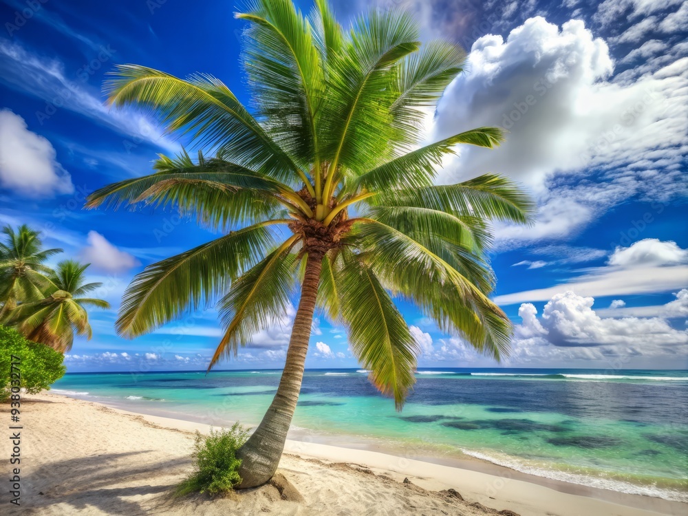 Fototapeta premium Swaying coconut palm with lush green leaves and rugged brown trunk stands tall on a serene sun-kissed exotic beach, epitomizing tropical summer vacation tranquility.