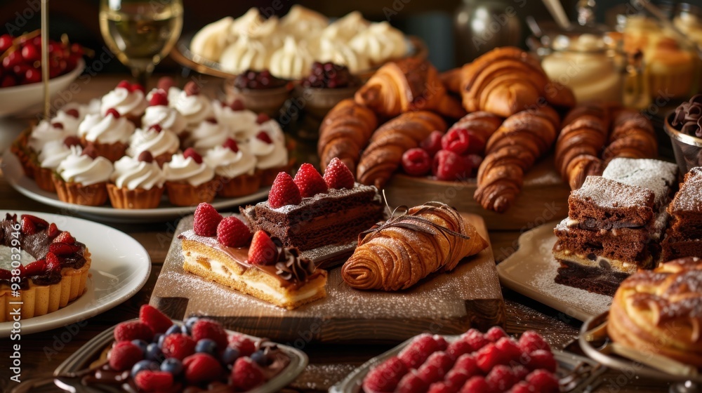 A decadent spread of assorted pastries, including clairs, tarts, and chocolate croissants A decadent spread of assorted pastries, including clairs, tarts, and chocolate croissants