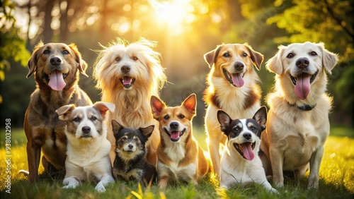 Adorable pack of diverse breed dogs gathered together, tails wagging, snouts touching, and eyes shining with friendship and companionship in a sunny outdoors setting. photo