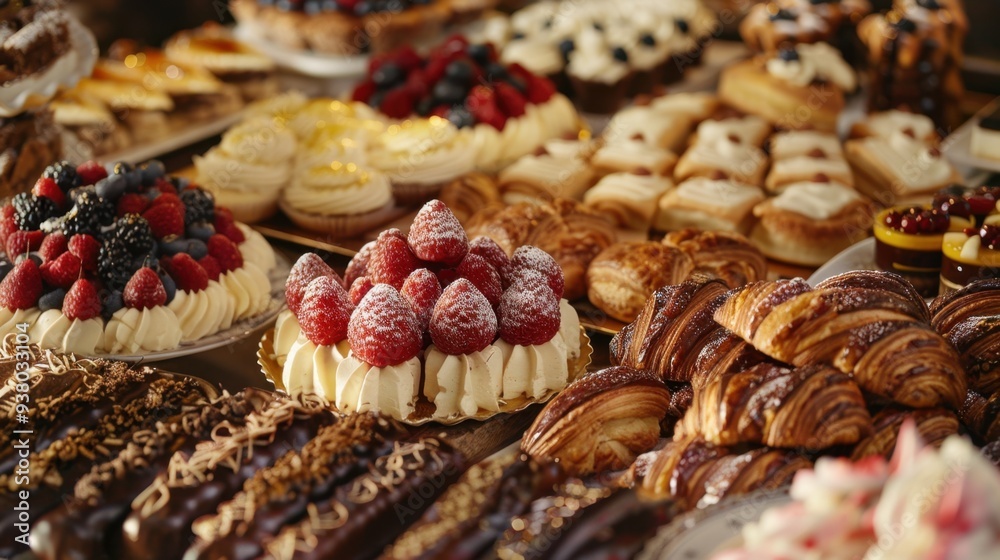 A decadent spread of assorted pastries, including lairs, tarts, and chocolate croissants A decadent spread of assorted pastries, including lairs, tarts, and chocolate croissants