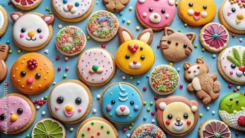 Sweet Treats In Delectable Shapes, From Classic Circles To Whimsical Animals, Adorned With Festive Sprinkles, Arranged In A Vibrant Display. photo