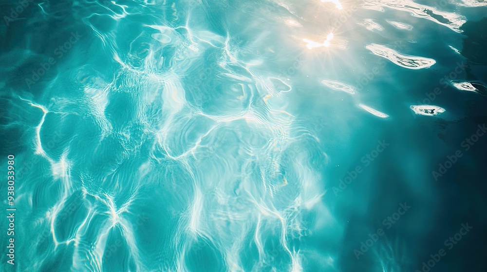 Stunning Aerial View of a Pristine Turquoise Pool with Sunlight Glimmers and Ripples, Reflecting a Serene Light Blue Ambiance, Ideal for Relaxation and Leisure