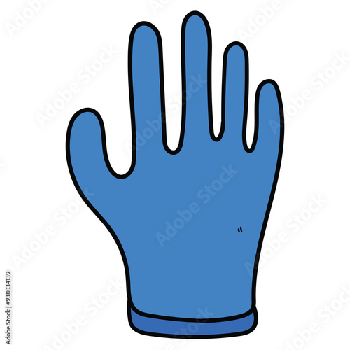 Hand drawn cartoon blue disposable rubber glove on white background.
