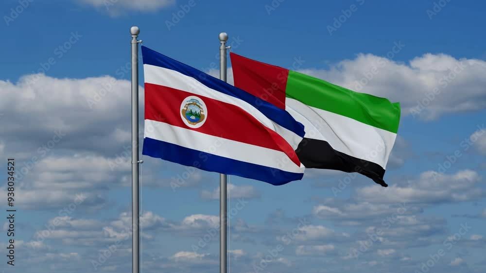 United Arab Emirates and Costa Rico flags flying together, video concept of the relationship, two country cooperation concept United Arab Emirates and Costa Rico flags flying together, video concept of the relationship, two country cooperation concept
