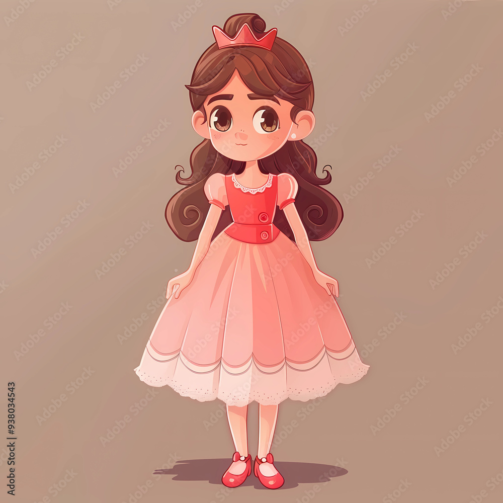 Cute cartoon princess girl with double hair buns, pink dress, small crown and red bow, kawaii style Cute cartoon princess girl with double hair buns, pink dress, small crown and red bow, kawaii style