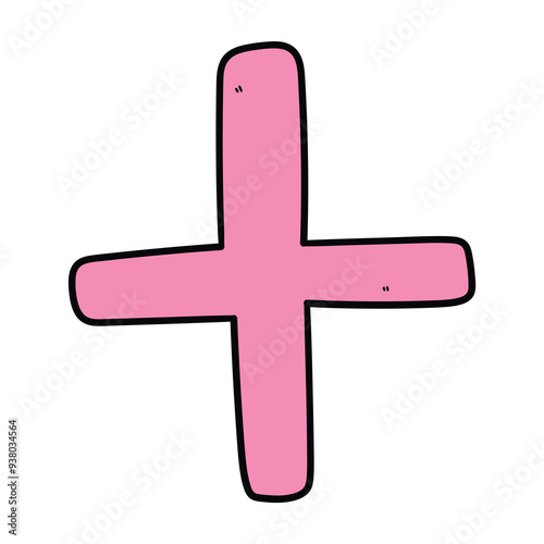 Hand drawn cartoon pink symbol plus on white background.