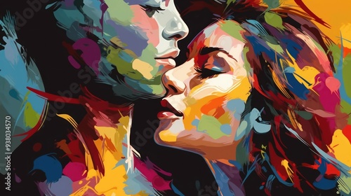 Portrait of a beautiful woman and man with colorful abstract background. Love Concept with copy space.