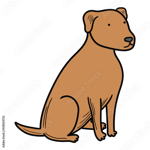 Hand drawn cartoon sitting brown dog on white background.