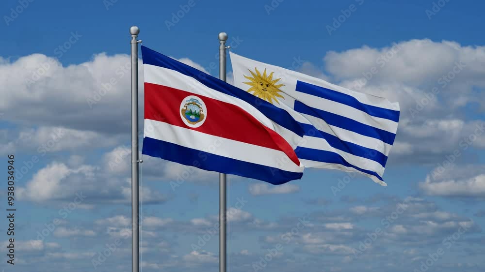 Uruguay and Costa Rico flags flying together, video concept of the relationship, two country relations concept Uruguay and Costa Rico flags flying together, video concept of the relationship, two country relations concept