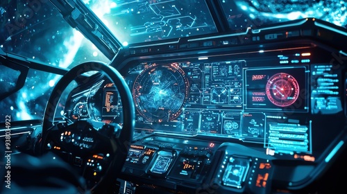 A futuristic spacecraft cockpit where AI systems control navigation, with holographic star maps and real-time data projections displaying deep space exploration routes and planetary details.