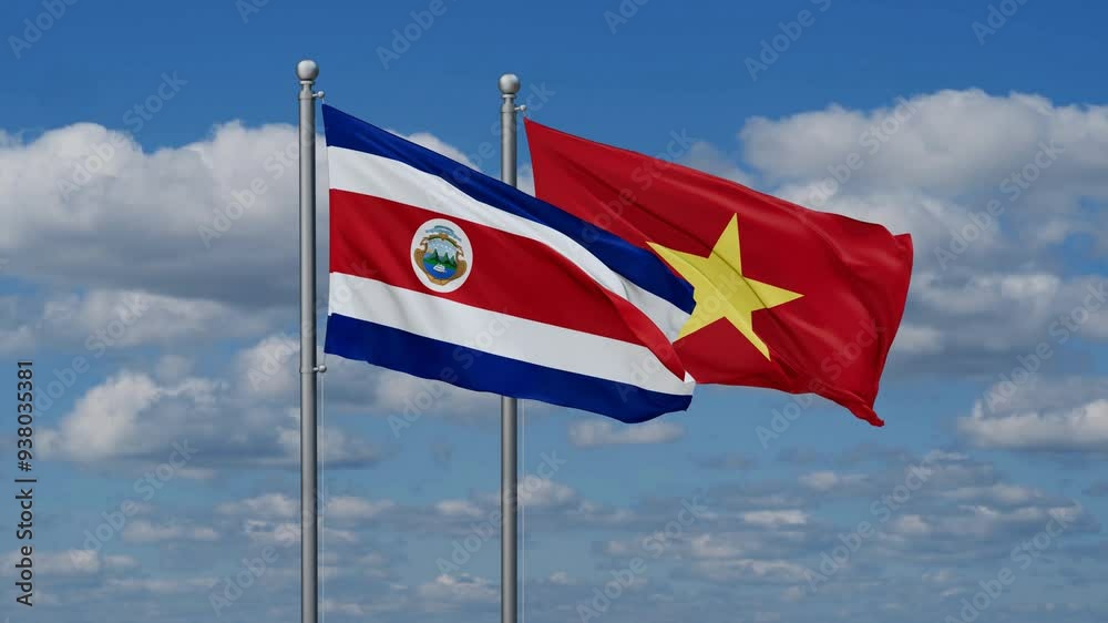 Vietnam and Costa Rico flags flying together, video concept of the relationship Vietnam and Costa Rico flags flying together, video concept of the relationship