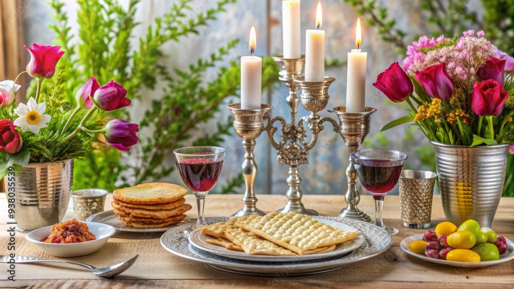 Traditional Jewish Passover Seder table setting with ornate Kiddush cup, matzo, candlesticks, and wine, surrounded by fresh flowers and a delicious multi-course meal.