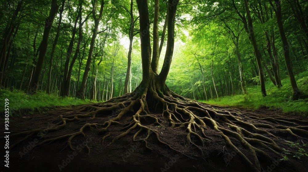 Fototapeta premium Majestic Tree with Extensive Root System in a Lush Green Forest Captured in Daylight