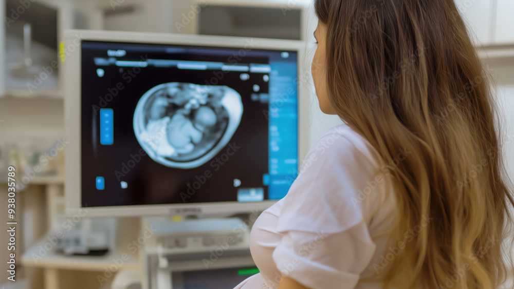 Pregnant woman viewing an ultrasound scan of her baby during a medical appointment. Pregnant woman viewing an ultrasound scan of her baby during a medical appointment.