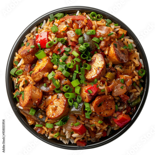 Shrimp and sausage jambalaya on transparent background.