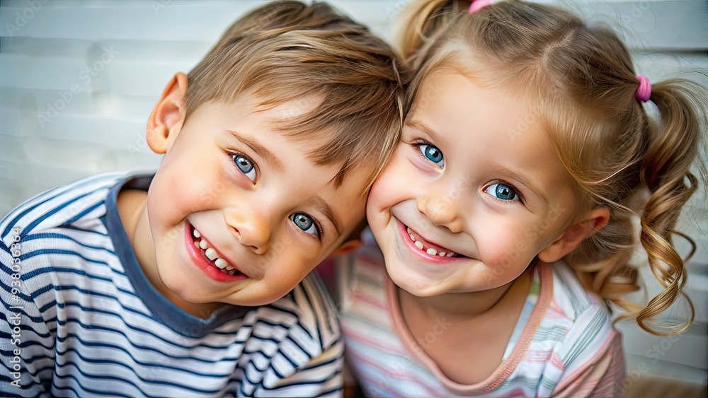Adorable young siblings with bright smiles and rosy cheeks leaning in close, their innocent faces filled with joy and curiosity in a tender moment. Adorable young siblings with bright smiles and rosy cheeks leaning in close, their innocent faces filled with joy and curiosity in a tender moment.