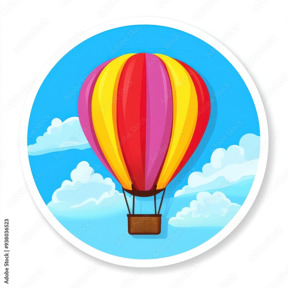 Fototapeta premium Sticker of a hot air balloon in circle shape, flat vector illustration, on white background, digital sticker, clipart, icon