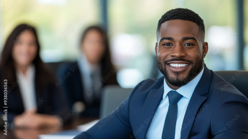 Cheerful African-American man in business attire sits at a conference table smiling at the camera while blurred colleagues discuss in the background Cheerful African-American man in business attire sits at a conference table smiling at the camera while blurred colleagues discuss in the background