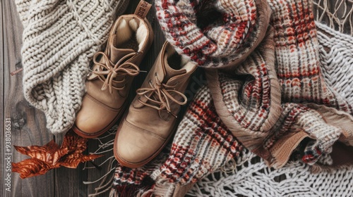 A flat lay of fall fashion essentials, including a cozy sweater, boots, and a plaid scarf