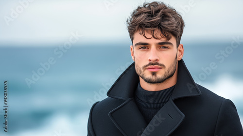 Charismatic Mediterranean male model in a wool peacoat walking along a coastal promenade with ocean waves crashing in the background casual elegance underlined by the natural setting  photo