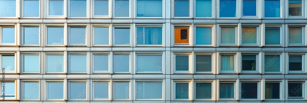 Modern Architecture, One Window Stands Out - A close up view of a modern building with windows, a single window is a different color than the rest, symbolizing individuality, uniqueness, and standing Modern Architecture, One Window Stands Out - A close up view of a modern building with windows, a single window is a different color than the rest, symbolizing individuality, uniqueness, and standing