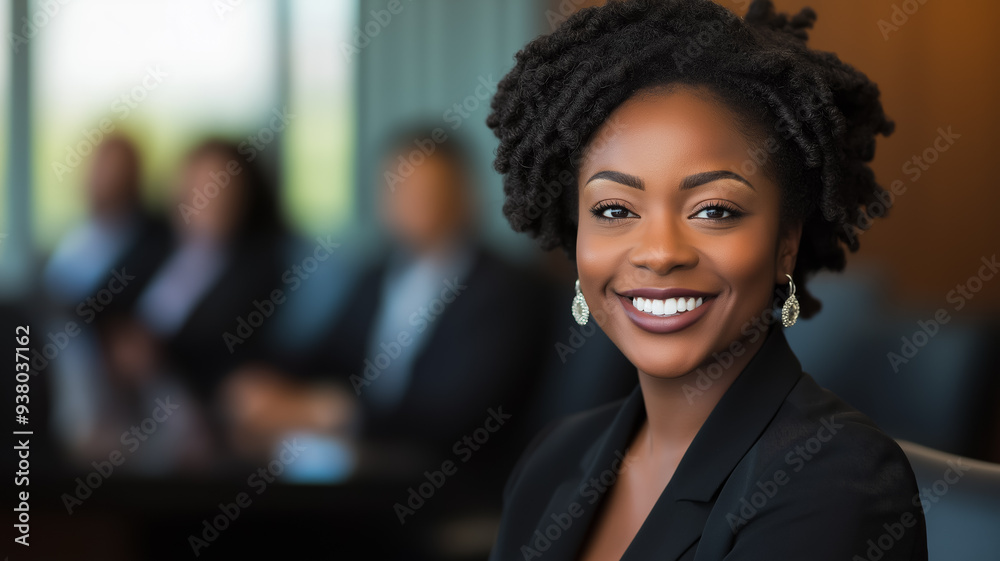 Confident African-American female professional grinning at the camera while seated at a modern conference table with blurred colleagues behind her 