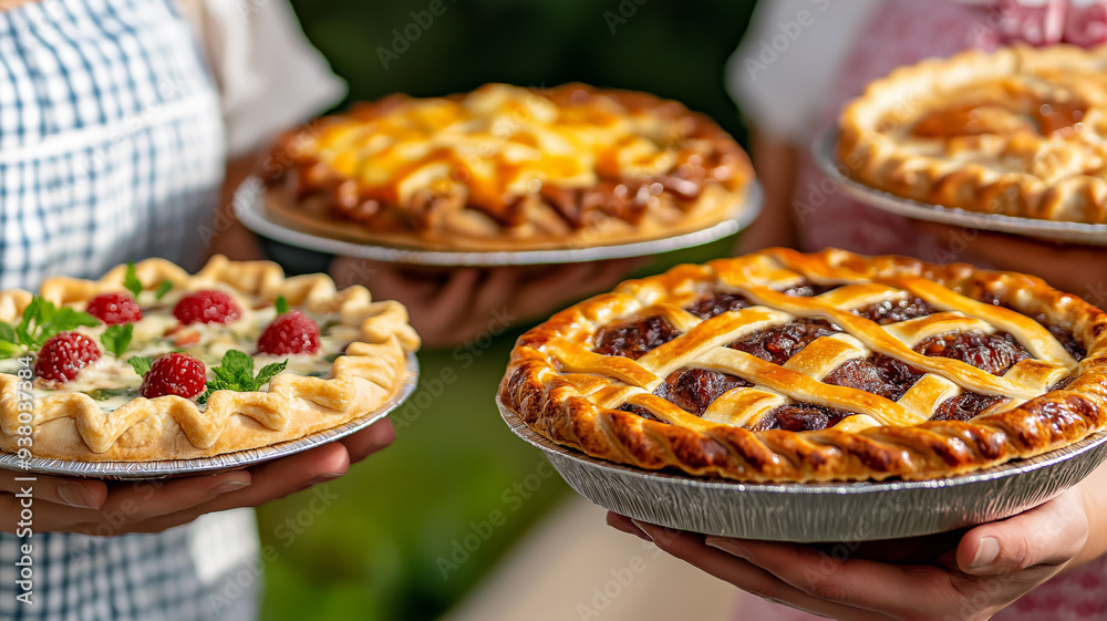 Contestants presenting their pies with proud smiles holding pies of various flavors decorated with intricate designs wooden table country setting in the background Contestants presenting their pies with proud smiles holding pies of various flavors decorated with intricate designs wooden table country setting in the background