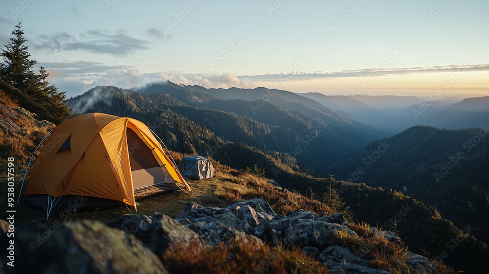 Tent Set Up at Sunrise on Mountain Ridge Tent Set Up at Sunrise on Mountain Ridge