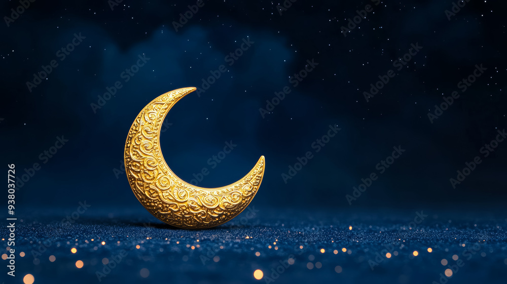 custom made wallpaper toronto digitalCrescent moon with golden intricate patterns, glowing against a deep blue sky, surrounded by twinkling stars, symbolizing Eid al-Adha spirituality