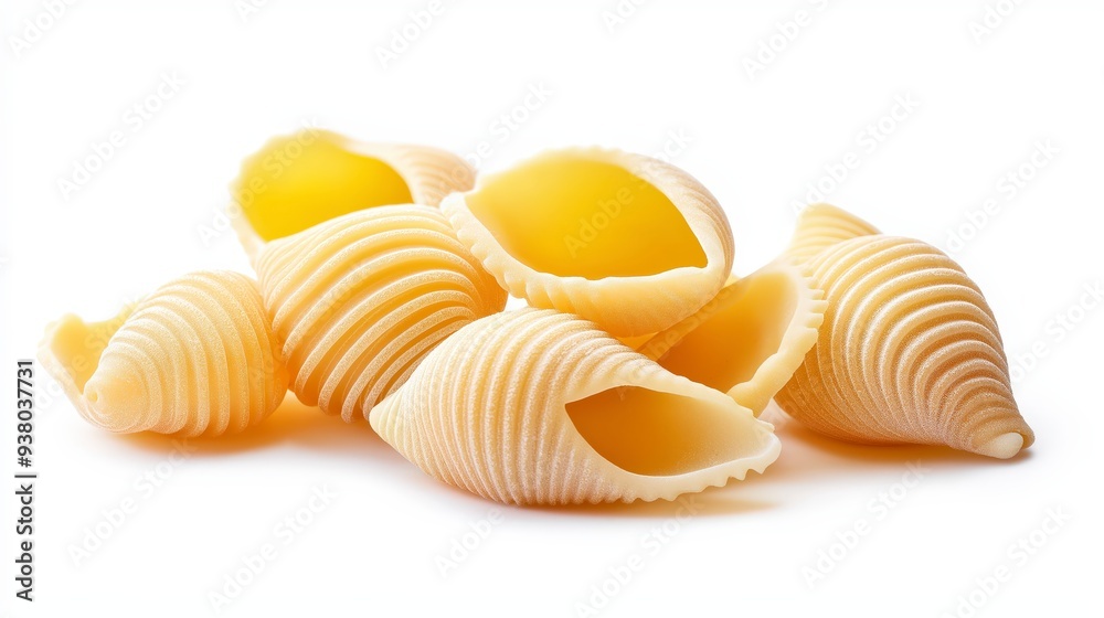 A close-up view of a pile of raw, uncooked conchiglie pasta, isolated on a white background.