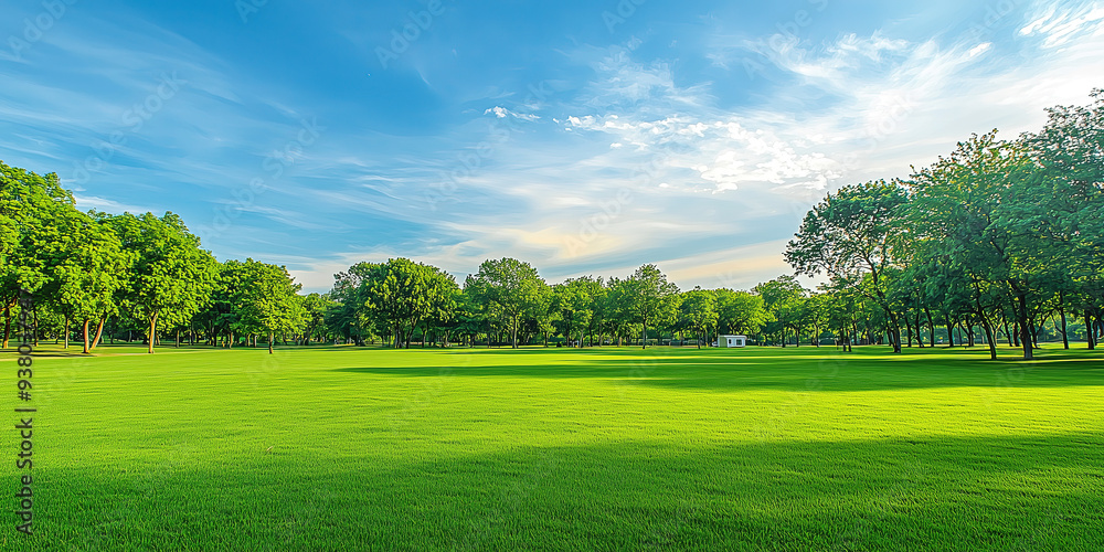 Lush green park with expansive lawn and surrounding trees under a bright blue sky with wispy clouds, serene and inviting outdoor space. Lush green park with expansive lawn and surrounding trees under a bright blue sky with wispy clouds, serene and inviting outdoor space.