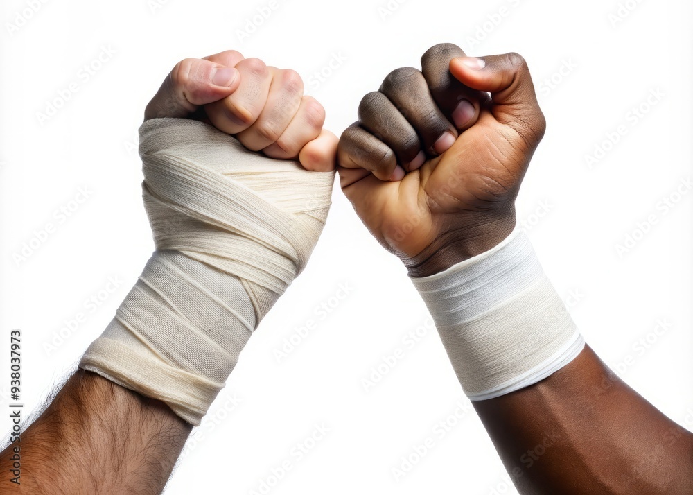 Fototapeta premium Two masculine hands, one African and one Asian, with elastic bandages wrapped around their wrists, isolated on a white background, conveying injury and medical aid.