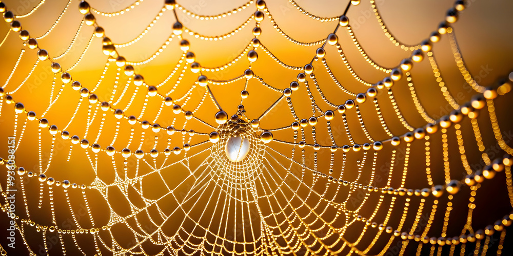 Fototapeta premium Glossy Spider Web Background with Dew Drops concept as A glossy background featuring a spider web glistening with dew drops against a dark eerie backdrop. Ideal for Halloween themed advertisements or 