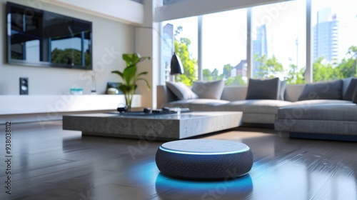 A floating smart speaker with voice-controlled home automation in a futuristic living room