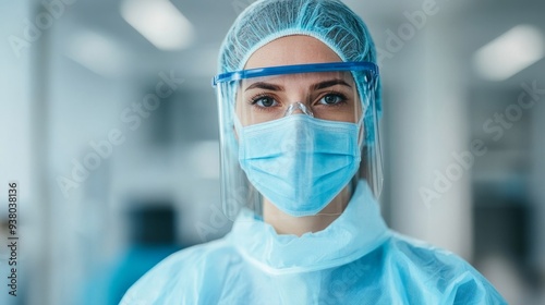 a female surgeon wearing surgical suit, face mask and protective glasses