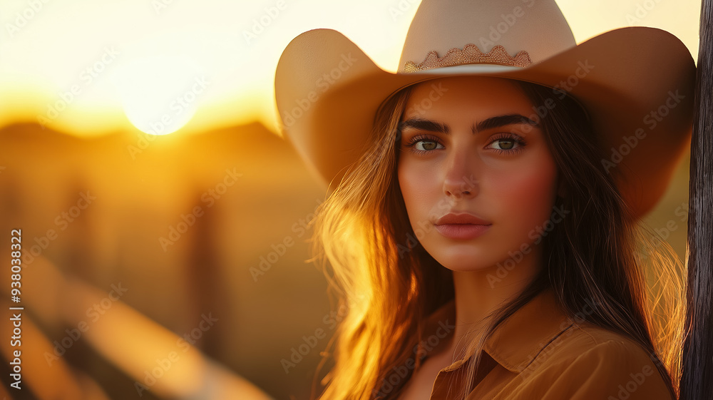 Elegant cowgirl queen holding her crown while posing next to a weathered fence golden sunset casting a warm glow dusty rodeo grounds stretching behind Elegant cowgirl queen holding her crown while posing next to a weathered fence golden sunset casting a warm glow dusty rodeo grounds stretching behind