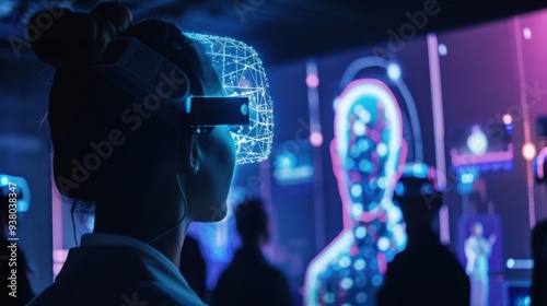 A futuristic tech conference with holographic presentations and interactive AI-driven displays