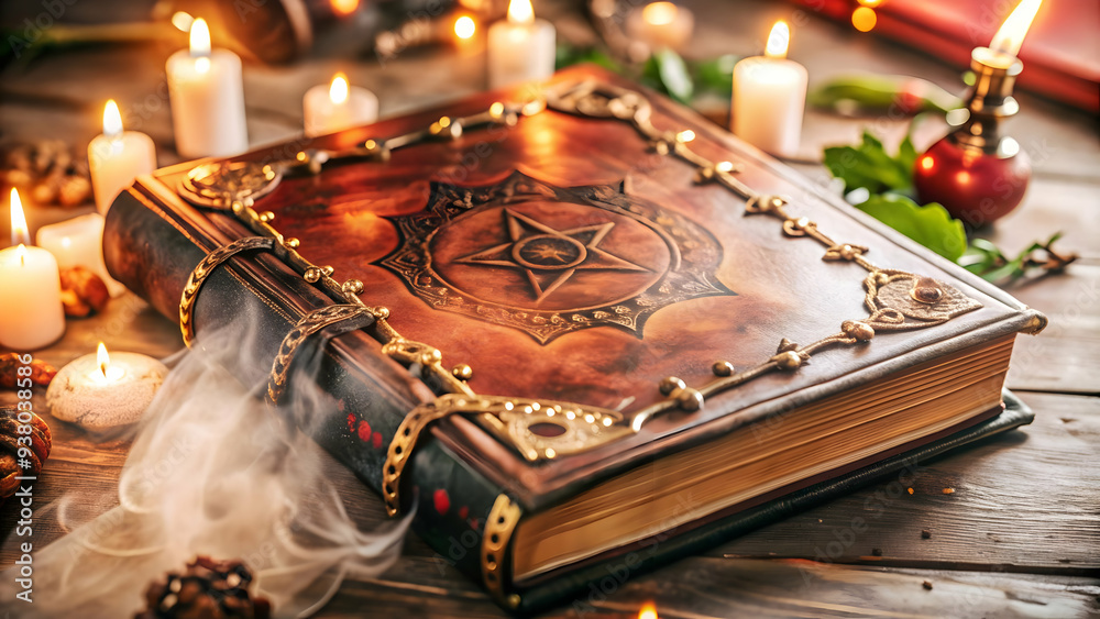 Glossy Witchs Grimoire Background with Glowing Text concept as A glossy background featuring an ancient witchs grimoire with glowing floating text in a dark mysterious setting. Perfect for Halloween t Glossy Witchs Grimoire Background with Glowing Text concept as A glossy background featuring an ancient witchs grimoire with glowing floating text in a dark mysterious setting. Perfect for Halloween t